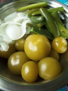 Blanched Tomatillos, Onions and Serrano Peppers for Salsa Verde