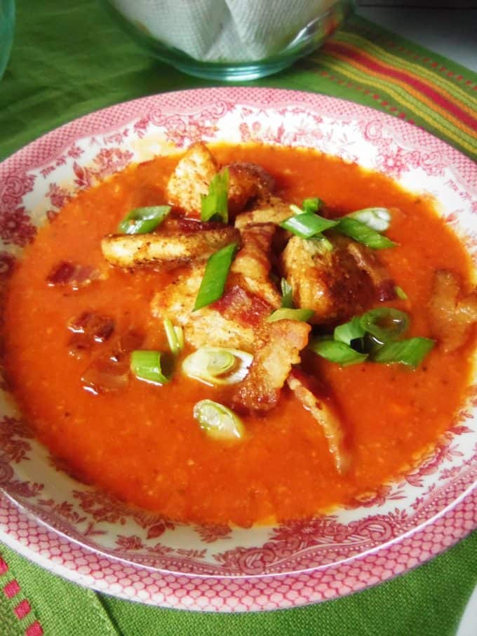 Tomato Tortilla Soup with Croutons and Bacon