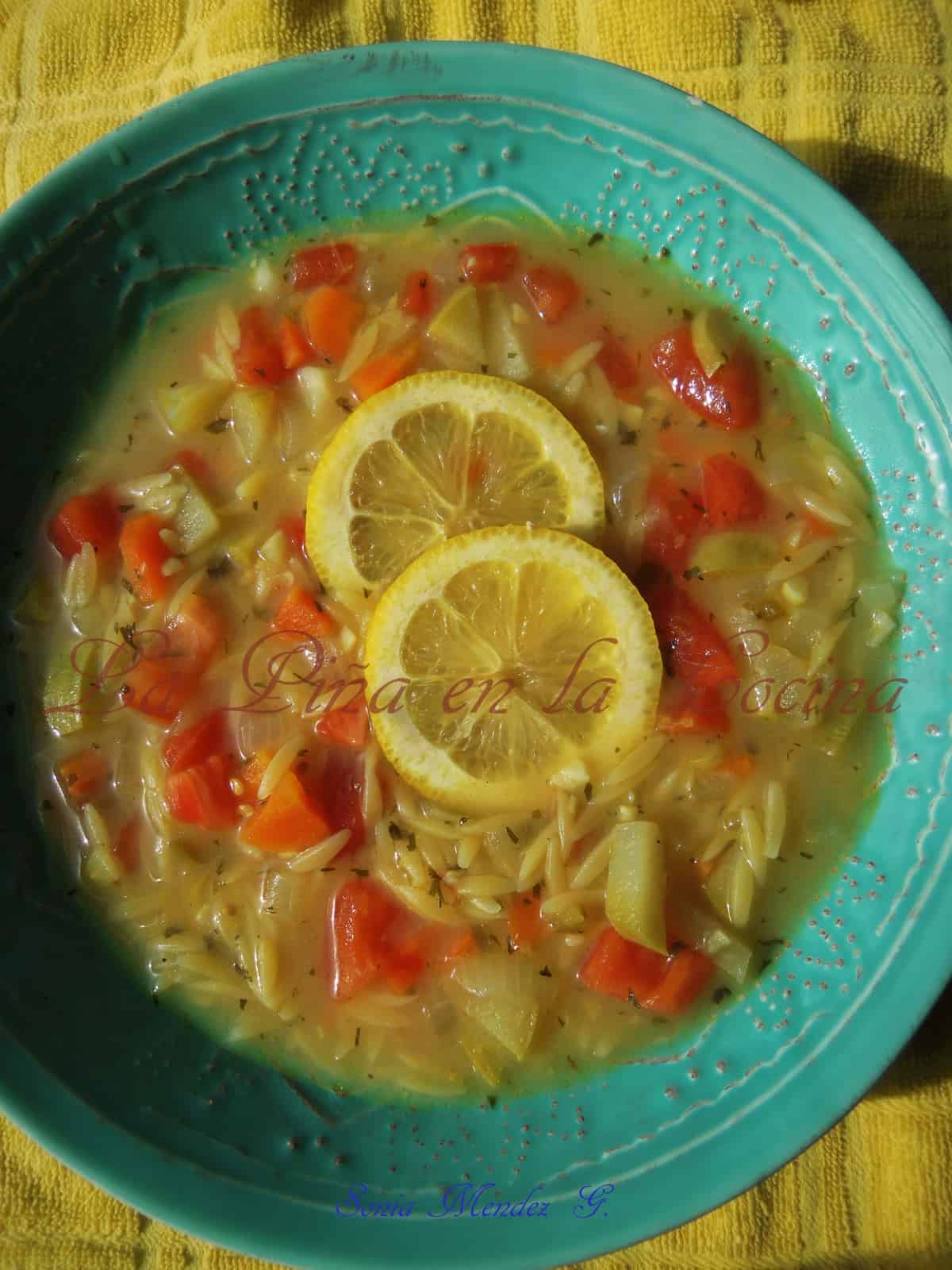Sopa de Orzo y Limon~ Orzo Pasta with Tomato, Carrots, Onions, Garlic and Herbs in a Tangy Lemon/Chicken Broth