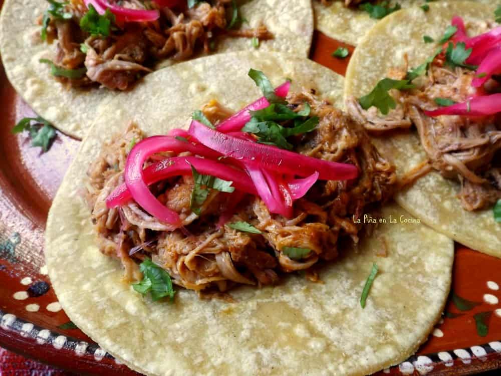Pork pibil taco with pickled red onions and cilantro
