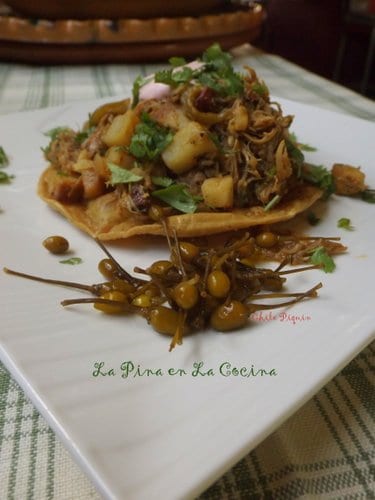 Chicken Chile Verde with Potato on a tostada with chile piquin