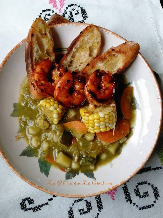 Fire Roasted Green Chile Vegetable Pozole with Chipotle Shrimp