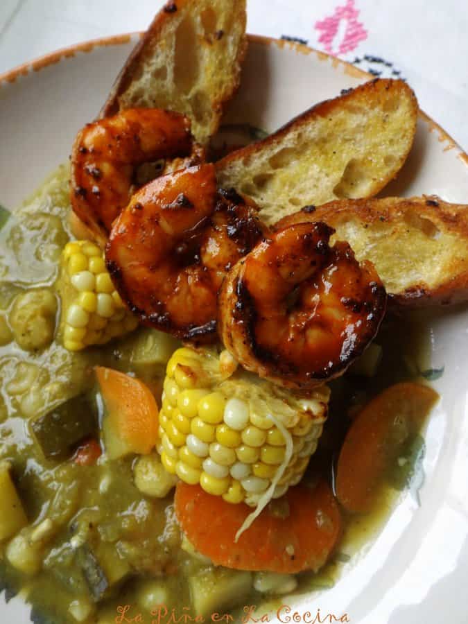 Fire Roasted Green Chile Vegetable Pozole with Chipotle Shrimp
