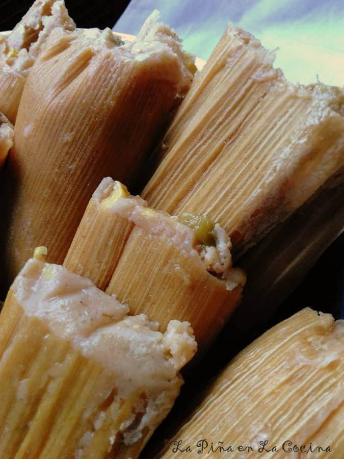Fresh Corn Tamales with Cheese, Green Chile and Jalapeño hot out of the steamer
