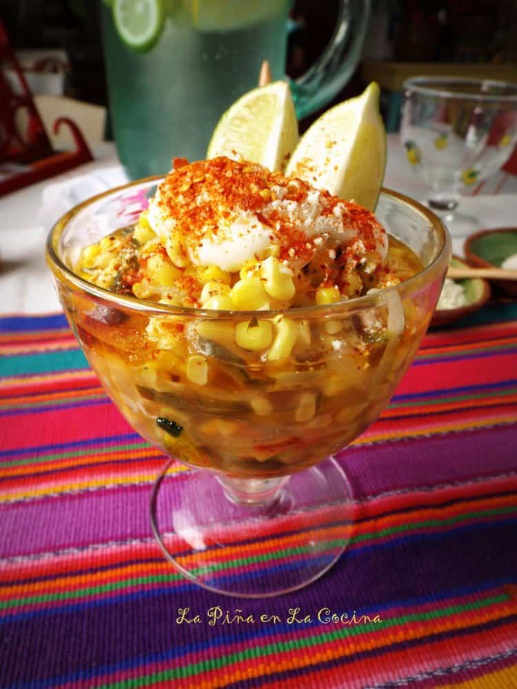 Esquites-Warm Corn in glass with garnishes 