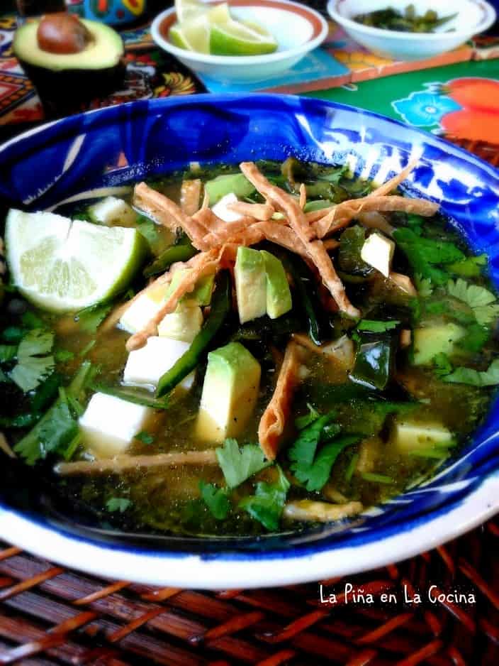 Poblano Tortilla Soup with Garnishes close up
