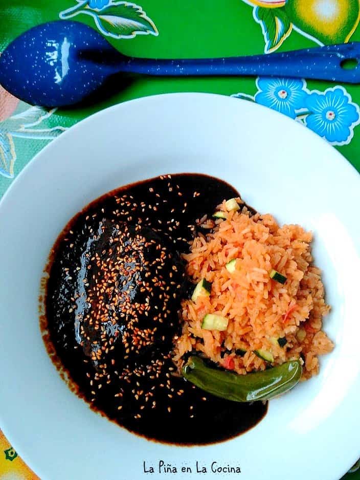 Chicken mole with rice on plate 