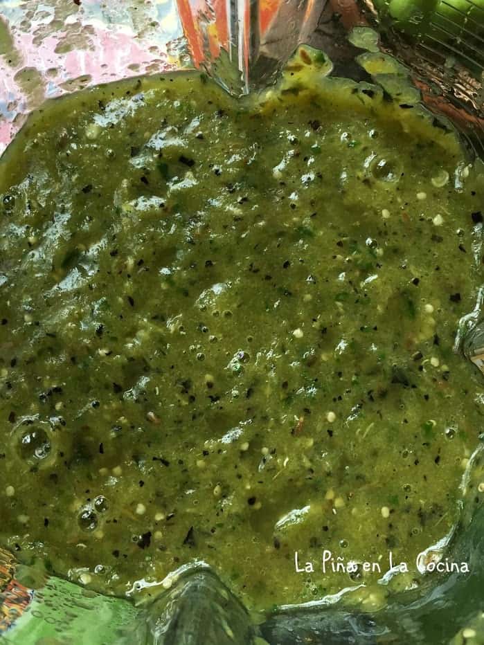 close up of blended salsa in jar