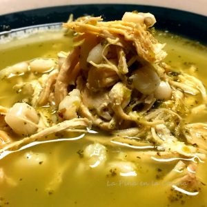 Green Chile Chicken Pozole in the bowl without garnishes