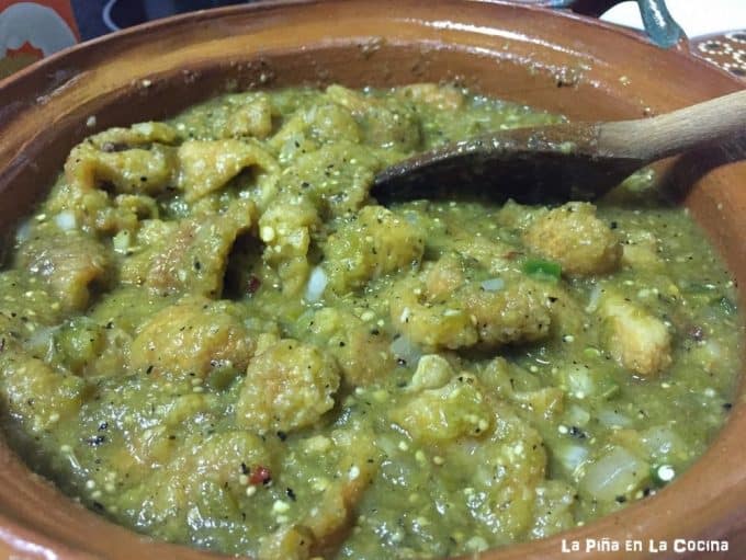 Chicharron in Salsa Verde in clayware skillet #chicharron #salsaverde
