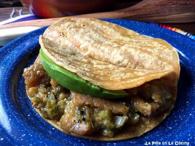 Chicharron in Salsa Verde tacos on plate #chicharron #salsaverde