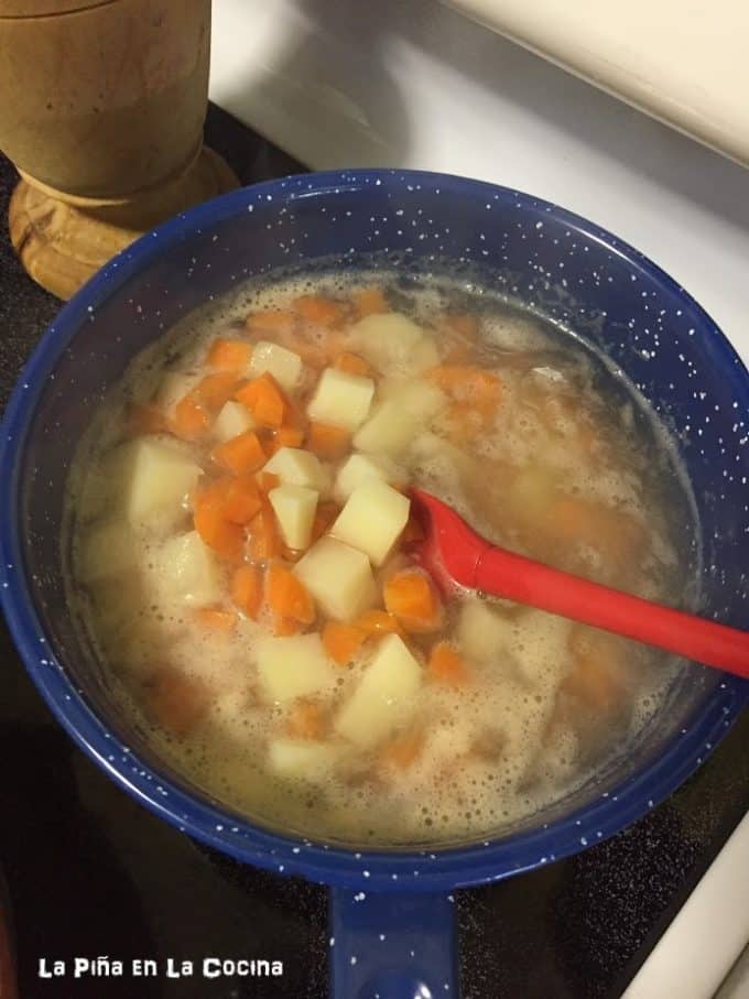 Diced Potato and Carrots simmering in water