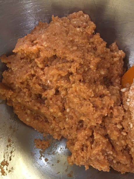 Tortitas de Camaron Seco- Dried Shrimp Cakes. Extra thick batter for shrimp cakes in stand mixer bowl.
