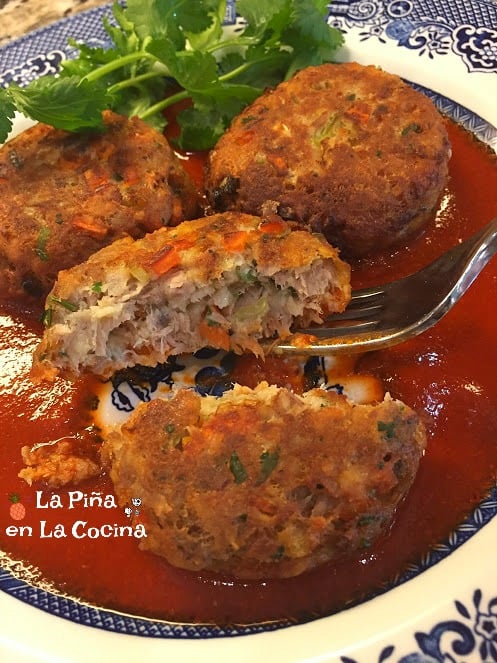 Tuna Cakes Plated with red Chile Sauce