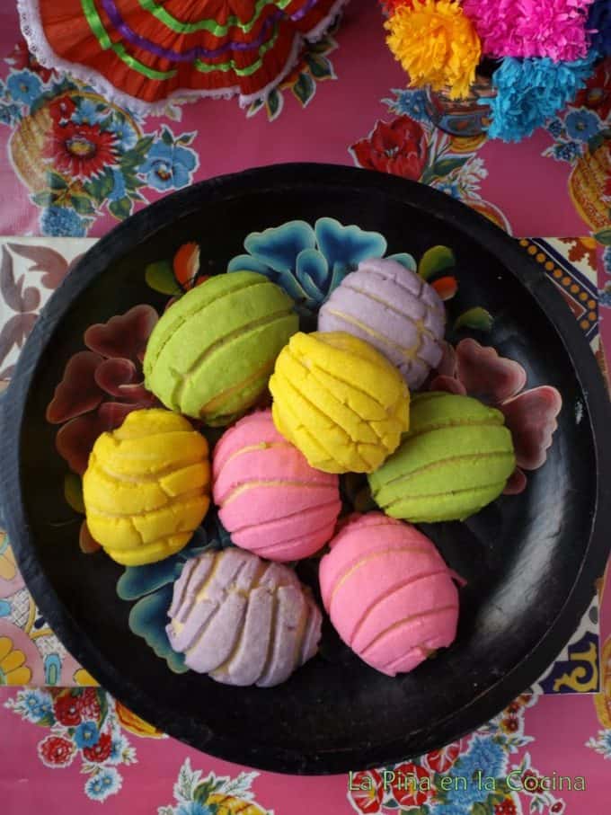 Conchas-Mexican Pan de Dulce easter egg colors on Mexican platter