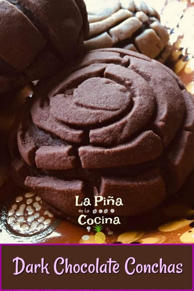 Dark Chocolate Concha close up Pinterest image