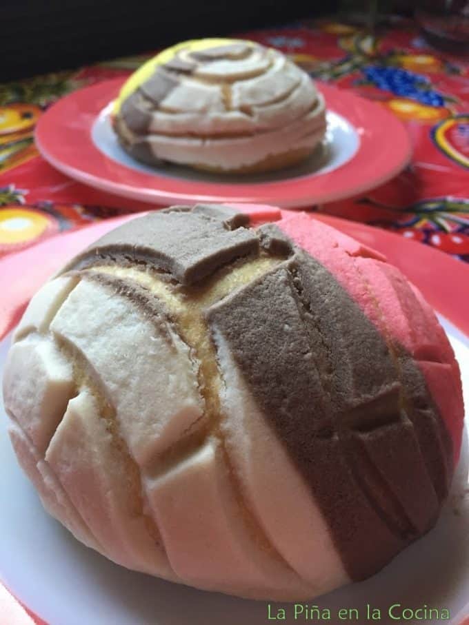 Conchas- Mexican Pan de Dulce(Soft Yeast Bread) tri colored concha baked on a plate