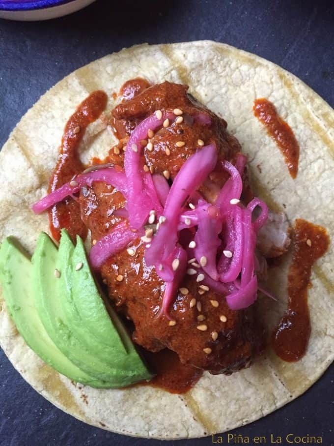 Chicken Pipian Taco with garnishes