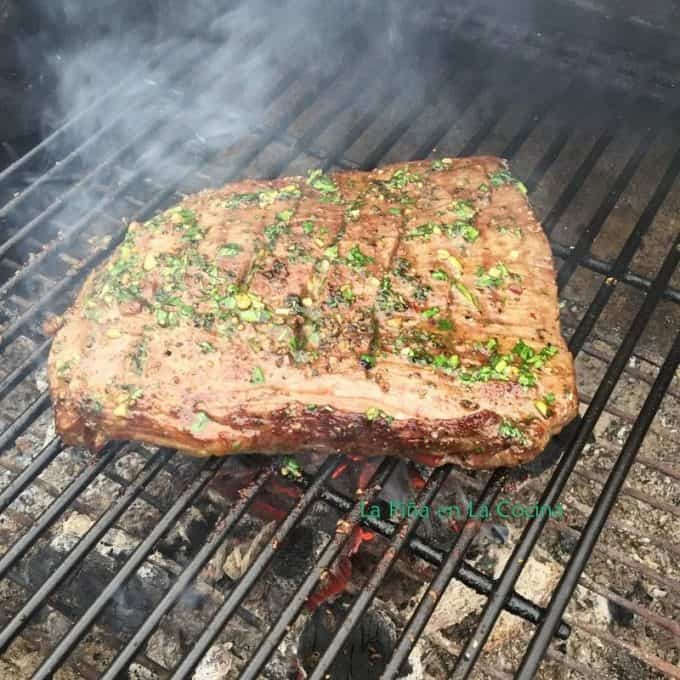 Grilled Flank Steak with Cilantro Mojo Cooking on the grill