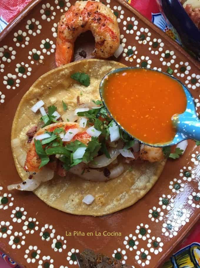 Grilled Shrimp Tacos with Salsa on Spoon For Garnish