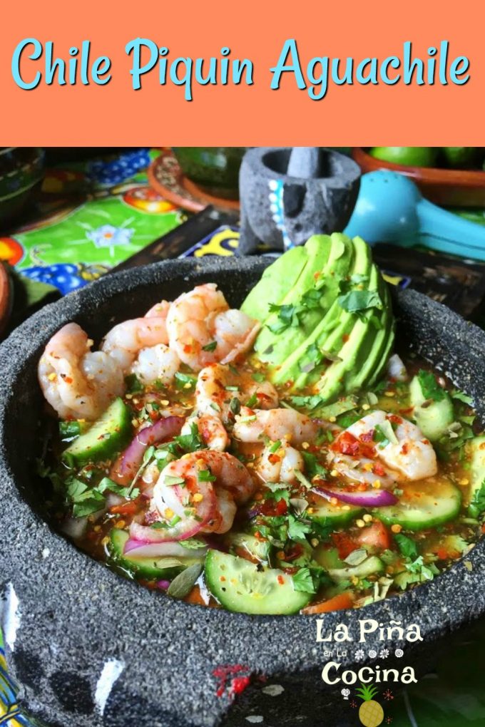 Pinterest image of aguachile in a molcajete
