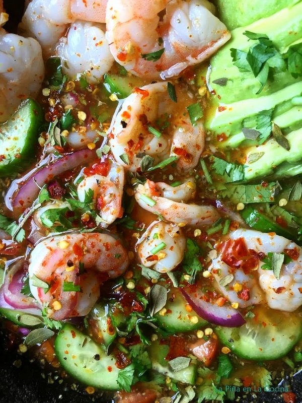 Close up of chile piquin shrimp aguachile