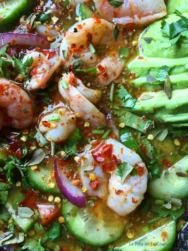 Chile piquin shrimp aguachile all mixed and close up
