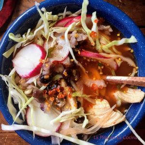Blue Corn Chicken Pozole in a Bowl with Garnishes