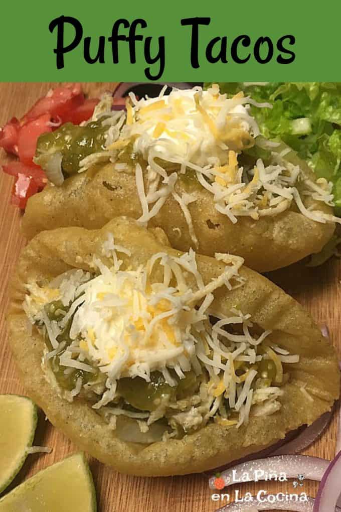 Pinterest image  of a puffy tacos with title and logo