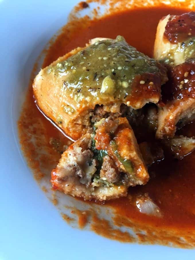 Tamal and chile relleno in one, plated and cut open