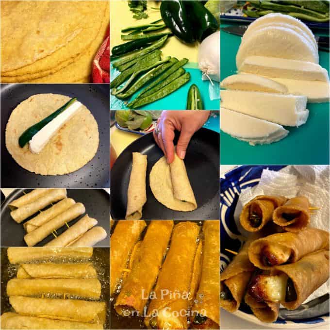 Collage of assembly of rolled and fried tacos, taquitos