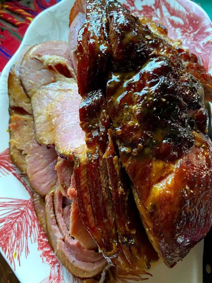 Sliced glazed ham top view