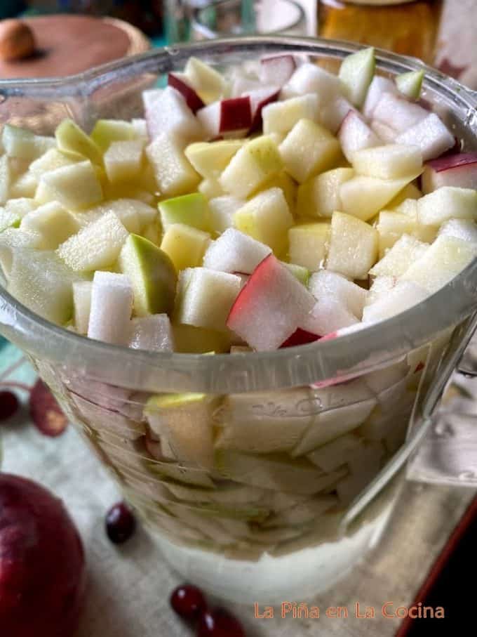 Diced apples soaking in water