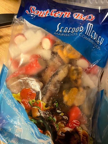 Frozen bag of seafood mix