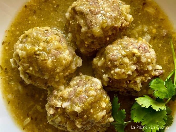 top view, close up of mexican meatballs in salsa