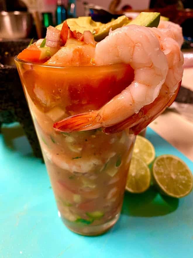 close up of Mexican shrimp cocktail