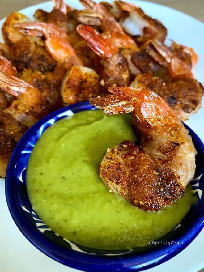 Bacon wrapped shrimp dipped in salsa verde