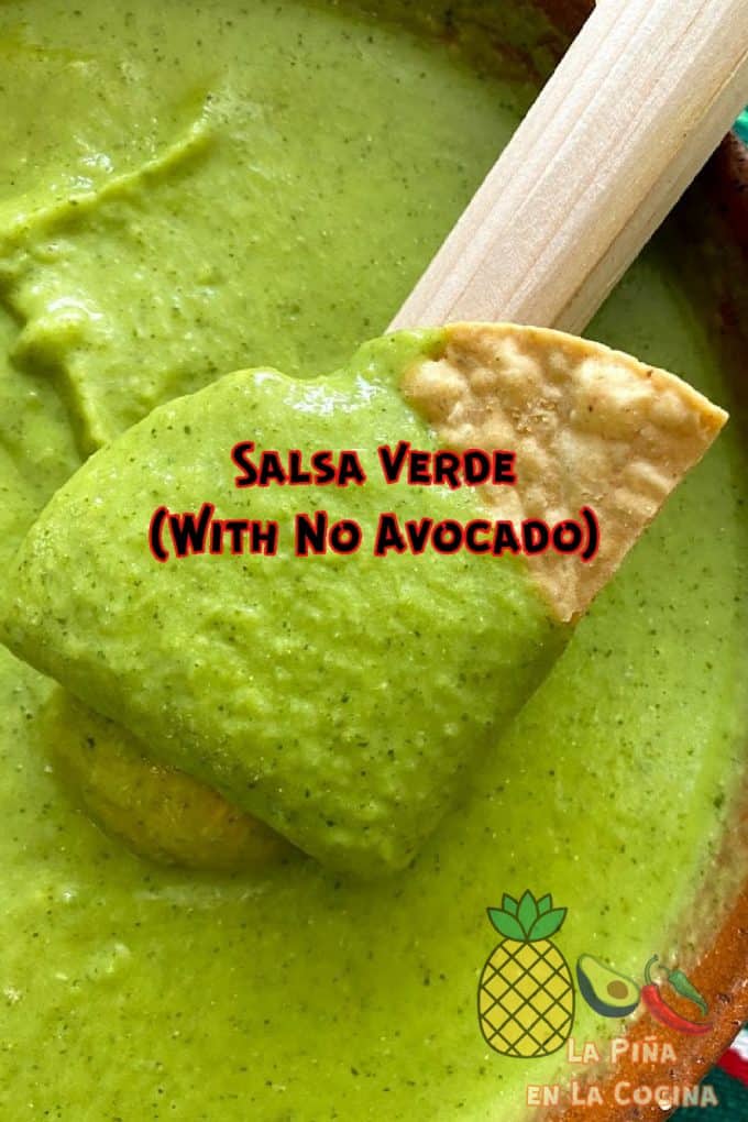 Pinterest image of salsa verde on a chip close up