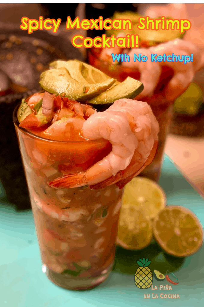 Pinterest image of spicy shrimp cocktail with header