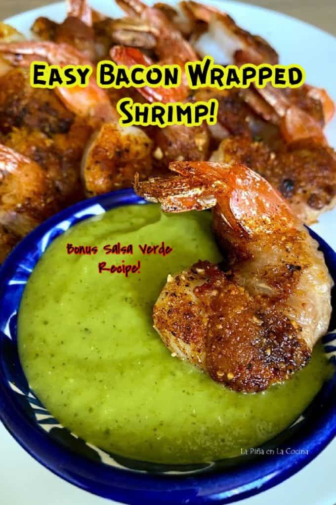 pinterest image of bacon wrapped shrimp with salsa verde in small bowl