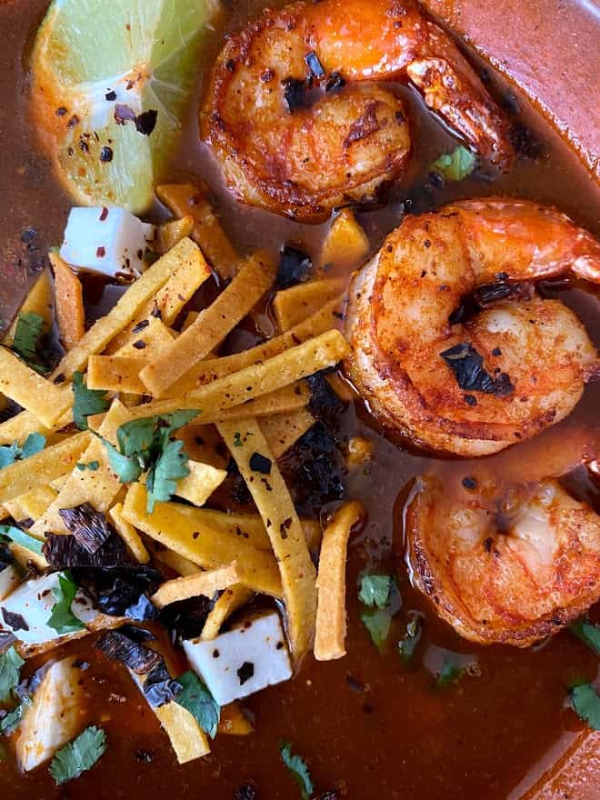 close up of spicy tortilla soup With shrimp