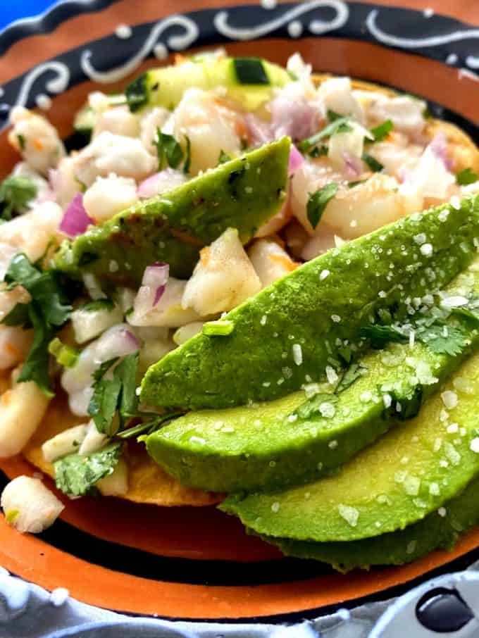 ceviche with avocado wedges close up