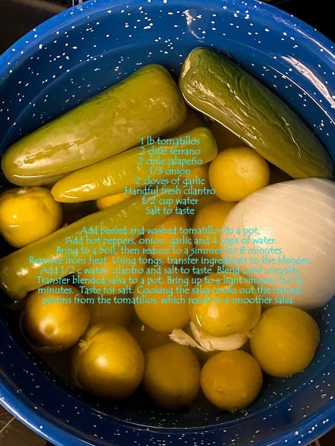 Recipe overlay on photo of salsa verde ingredients