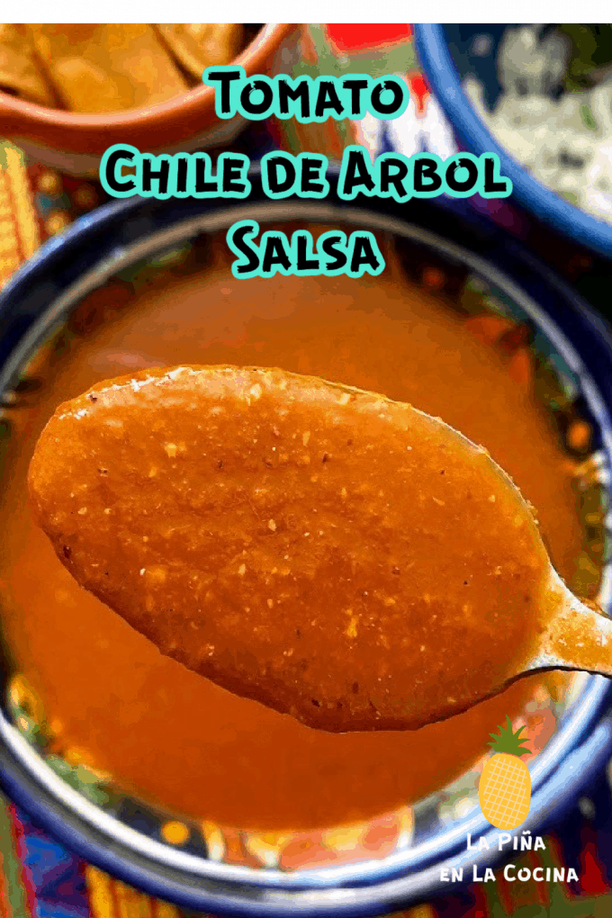 Pinterest image with title for tomato chile de arbol salsa