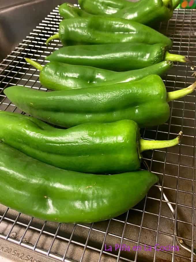 fresh green chile pods on metal rack