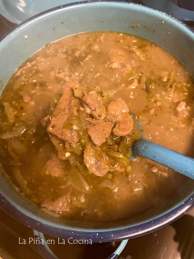 Beef with green chile still in the pot