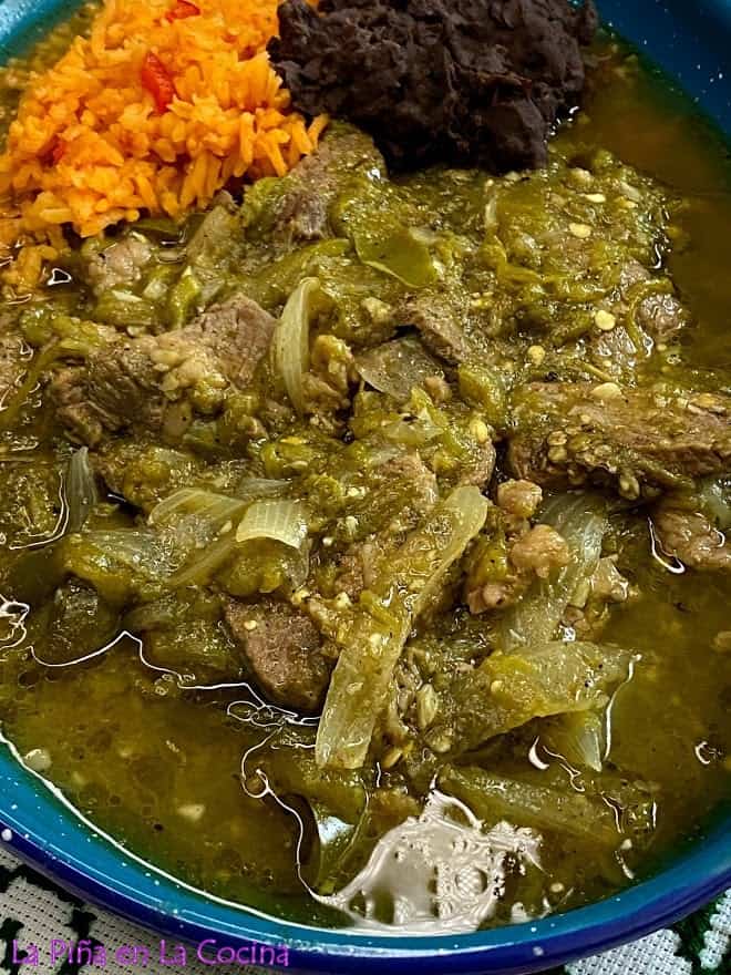 Close up of beef with green chile