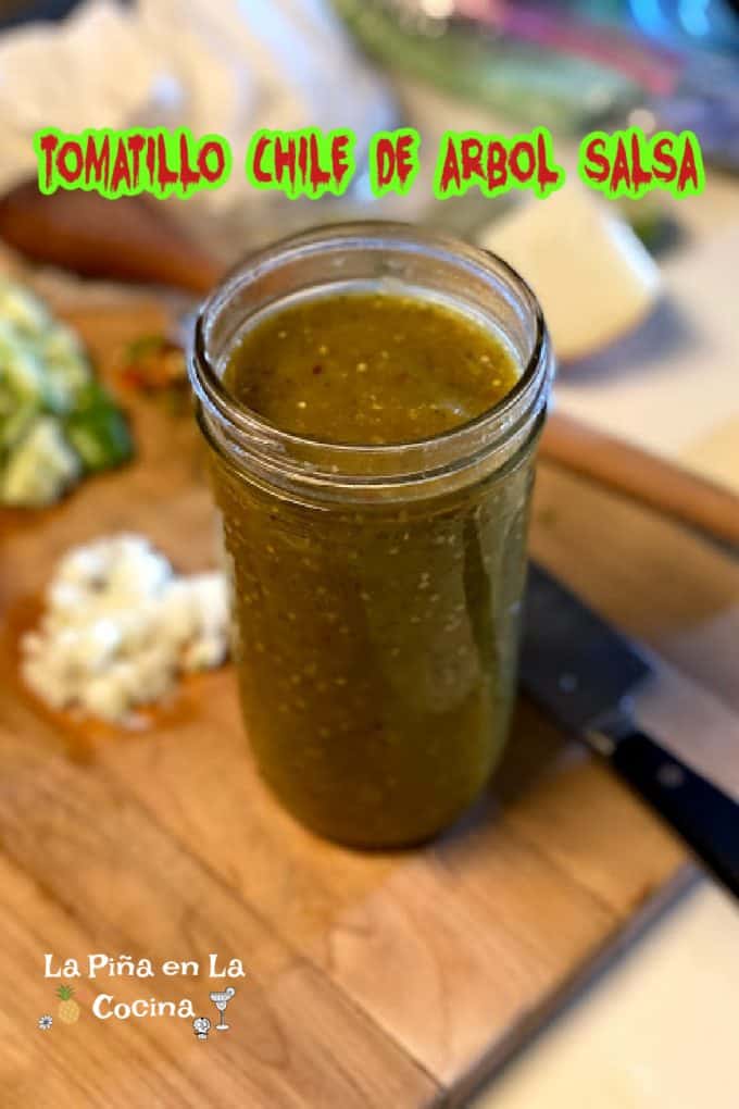 Tomatillo salsa in a jar with no lid with header