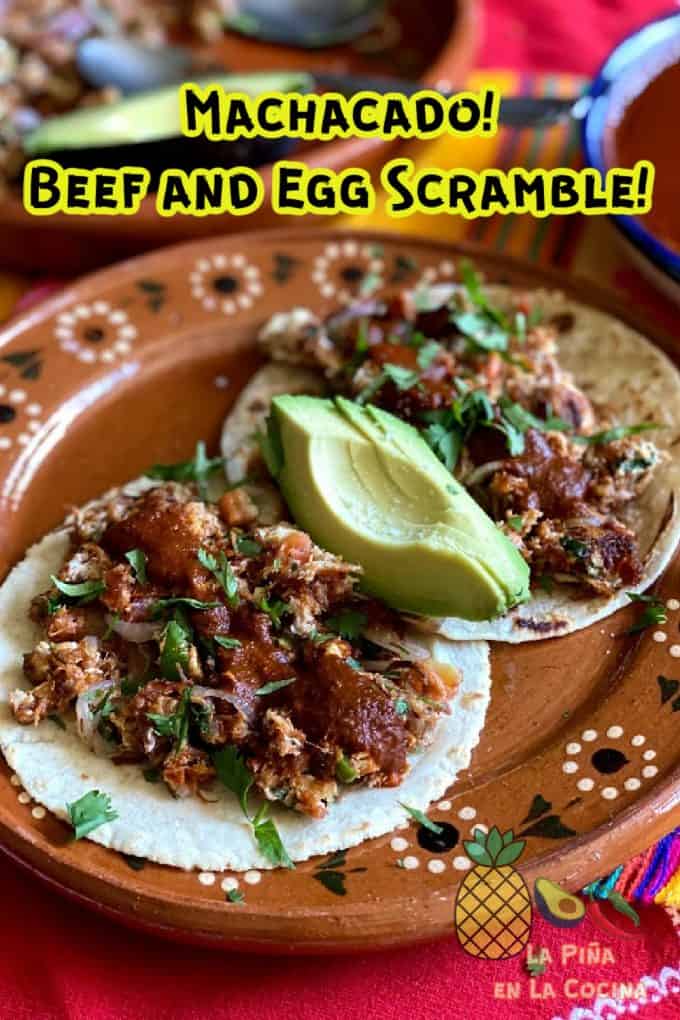 Pinterest image of beef and egg scramble tacos on mexican plate