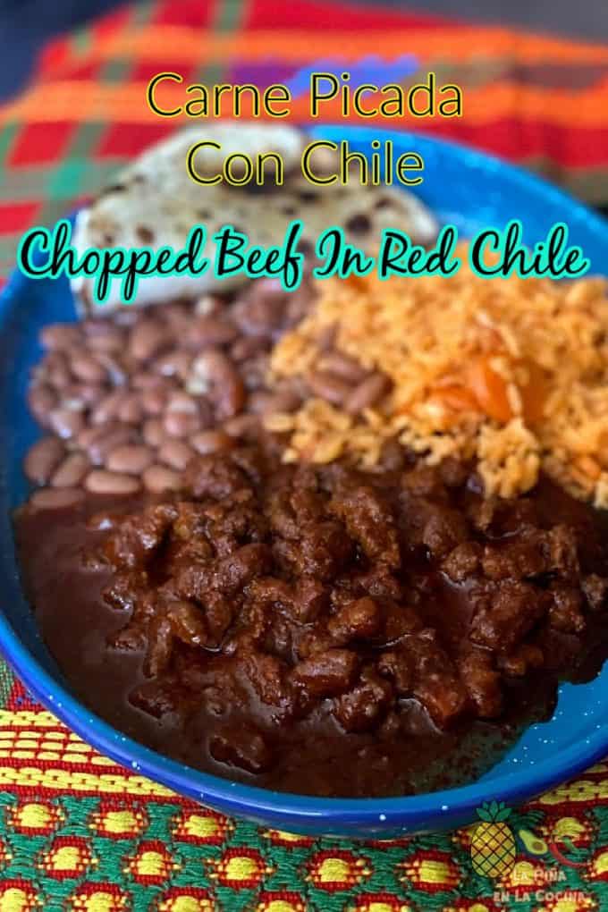 pinterest image with title of chopped beef in red chile